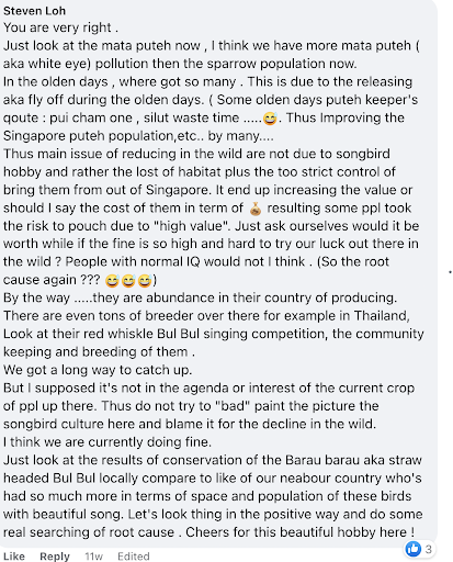 A comment on Facebook about the conservation of songbirds.