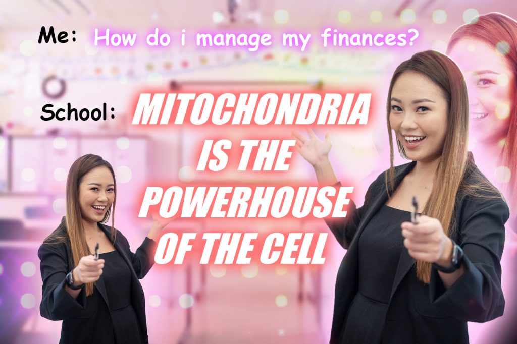 A woman in a black blazer gesturing behind her. The text reads: Me "How do I manage my finances?" School "Mitochondria is the powerhouse of the cell"