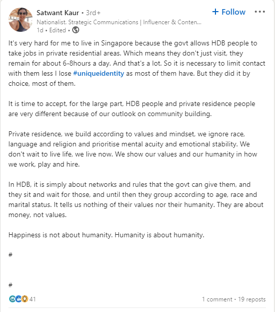 Singapore LinkedIn post
